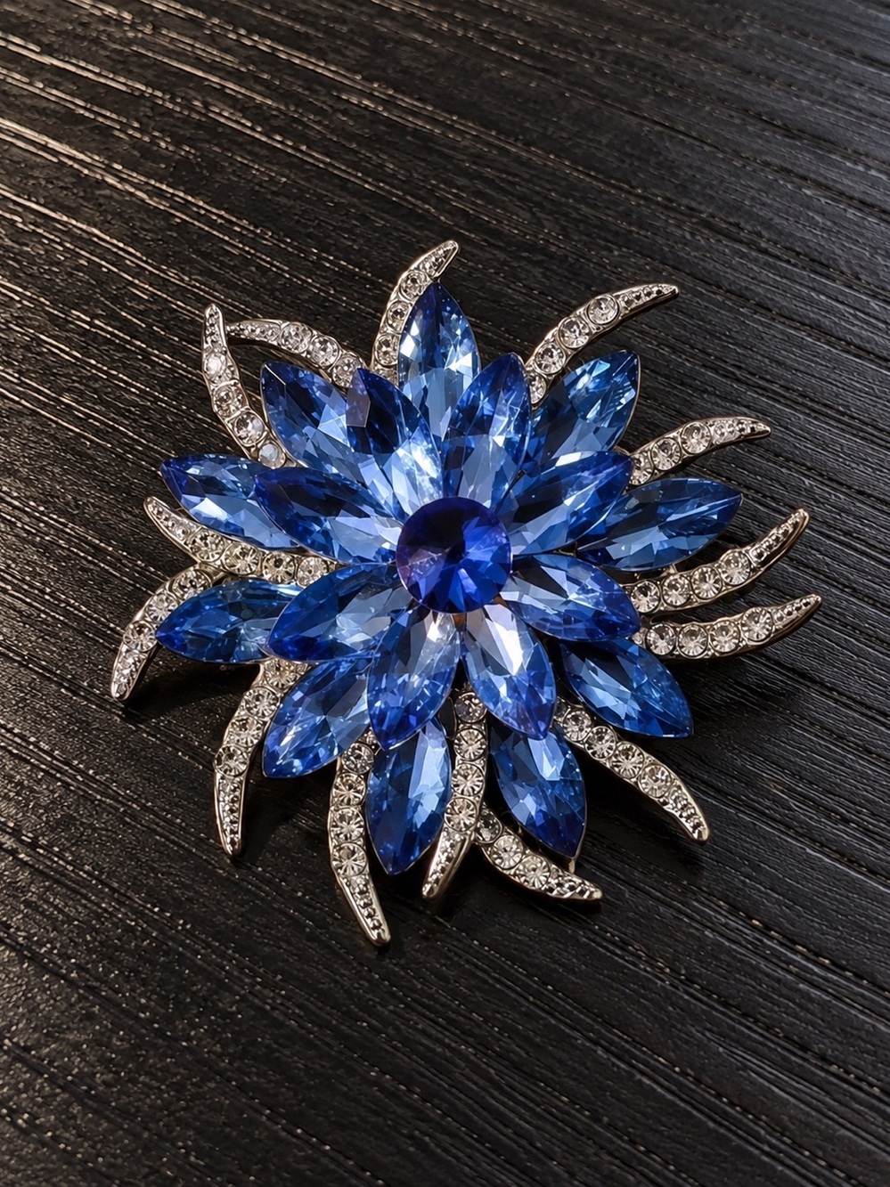 Blue Crystal Flower Brooch Rhinestone Statement Pin Silver Tone
